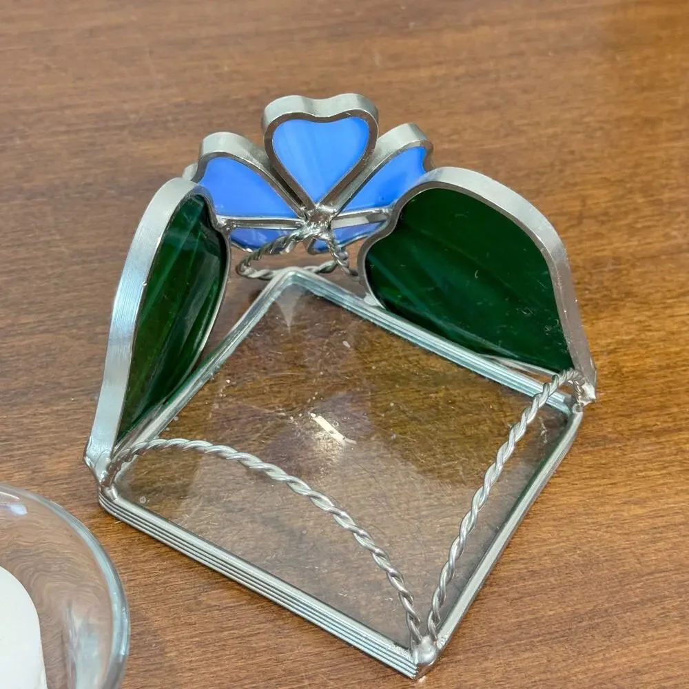 Stained Glass Tealight Votive Handle Holder Blue Green